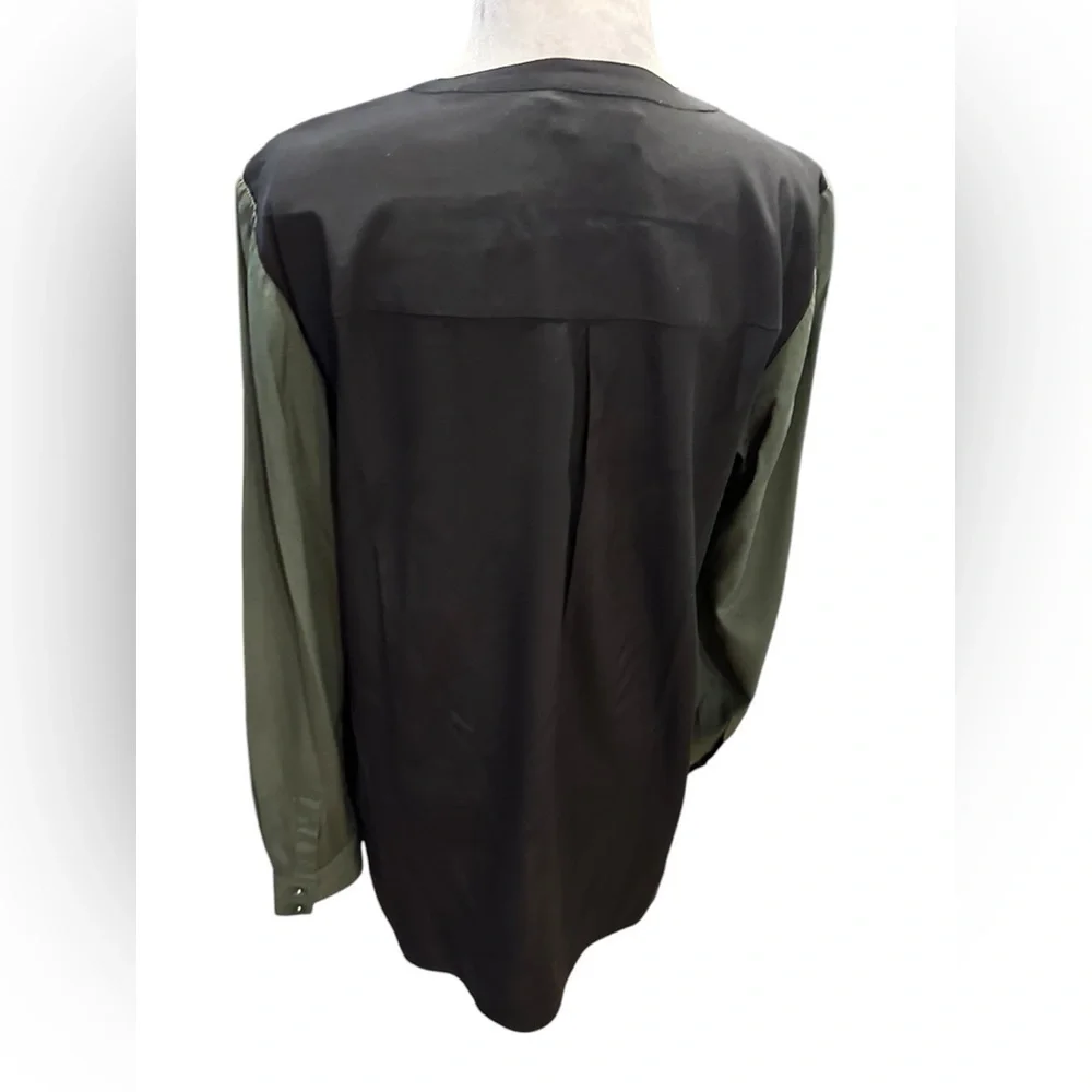 Tory Burch Chic Olive Green Blouse with Black Trim size 10